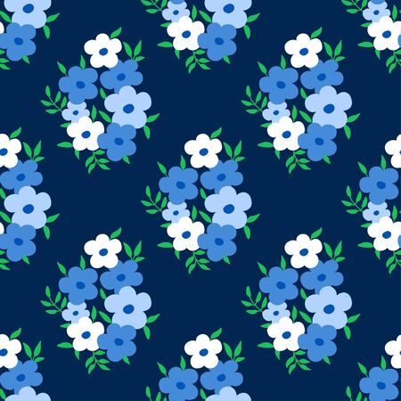 Floral pattern with small flowers bouquet of blue flowers on dark background. Seamless abstract design. Ditsy print for fashion dress textile, wallpaper and home decor.のイラスト素材