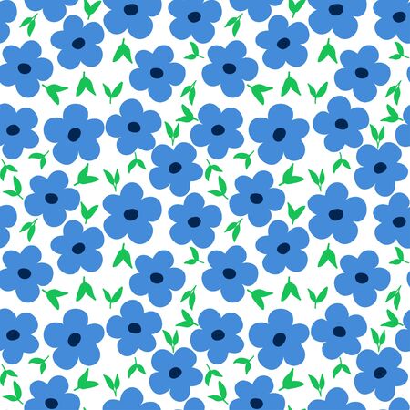 Ditsy floral pattern with cute small blue flowers with green leaves on white background. Seamless design with spring motif great for fashion fabric print and home decor textile.のイラスト素材