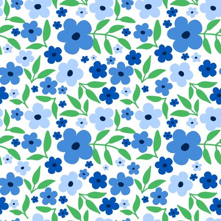 Fresh spring floral seamless pattern. Ditsy design with blue tiny flowers and green leaves. Delicate fashion print in modern trendy style.のイラスト素材