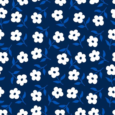 Floral ditsy background with simple abstract tiny flowers. Seamless pattern with spring or summer motif. Elegant template for fashion prints. Small white flowers on blue.のイラスト素材