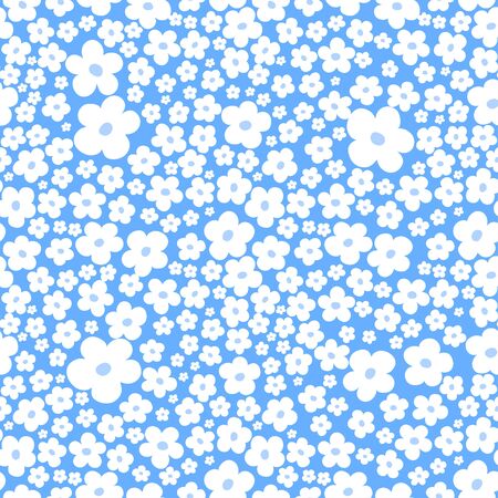 Ditsy floral seamless pattern. Monochrome fashion print with cute tiny white flowers on blue background. Feminine elegant design with spring motif. Vectorのイラスト素材