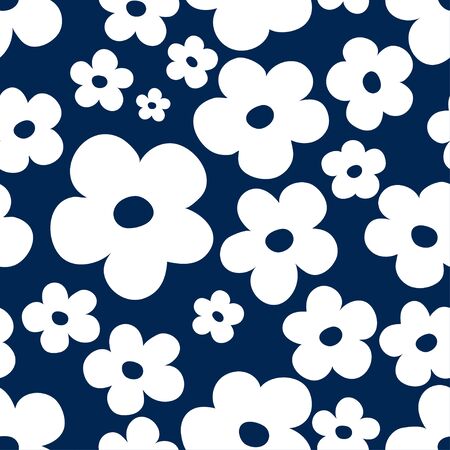 Floral seamless pattern with white silhouettes of small abstract flowers on dark blue background. Ditsy simple design great for fabric and textile.のイラスト素材