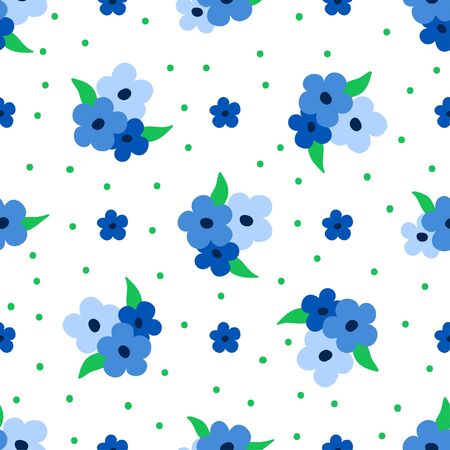 Flower pattern. Seamless floral design with tiny blue flowers and green leaves on dotted background. Great for fashion fabric and home decor textile.のイラスト素材