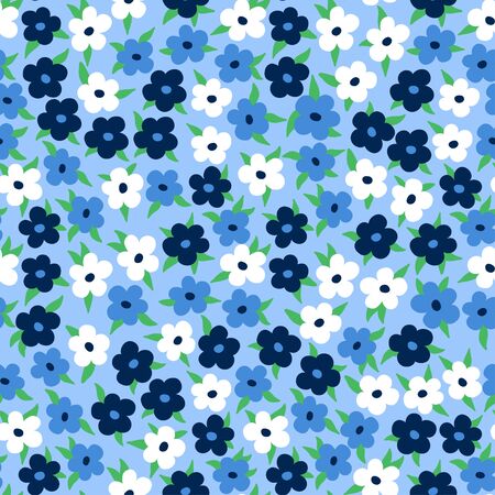 Cute floral seamless pattern. Modern disty delicate design with white and blue simple flowers and green leaves. Fashion print with spring motif.のイラスト素材