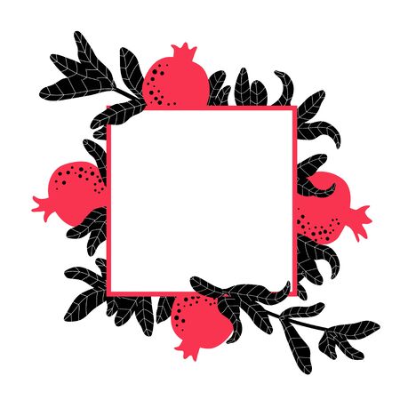 Pomegranate template for wedding invitation. Botanical background. Square frame for Jewish traditional celebration. Red fruit and leaves drawing. Vectorのイラスト素材