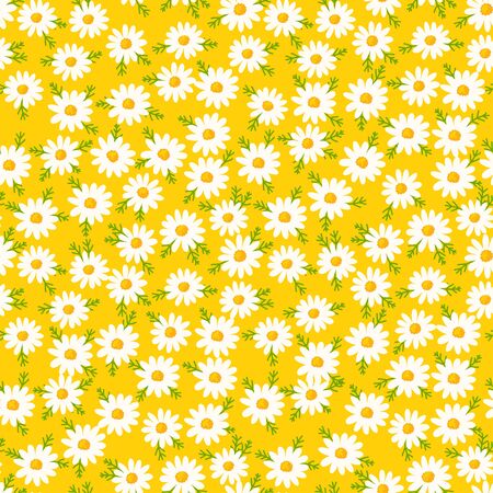 Daisy seamless pattern on yellow background. Floral ditsy print with small white flowers and leaves. Chamomile herbal design great for fashion fabric, kitchen textile and wallpaper.のイラスト素材