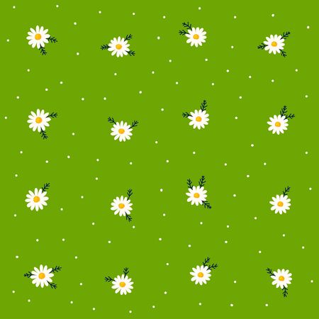 Daisy seamless pattern on dotted green background. Floral ditsy print with small white flowers and leaves. Chamomile design. Vectorのイラスト素材