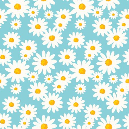 Daisy flower seamless pattern on blue background. Ditsy floral print with tiny chamomile great for fashion fabric, home decor textile and wallpaper.のイラスト素材