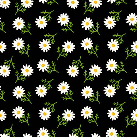 Daisy seamless pattern on black background. Floral ditsy print with small white flowers and leaves. Chamomile trend design great for fashion fabric, kitchen textile and wallpaper.のイラスト素材