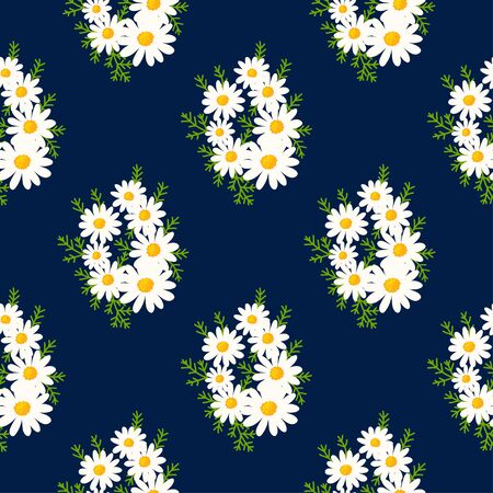 Floral seemless pattern made of daisy bouquet with small white flowers and green leaves. Chamomile background. Spring summer vintage motif. Vectorのイラスト素材