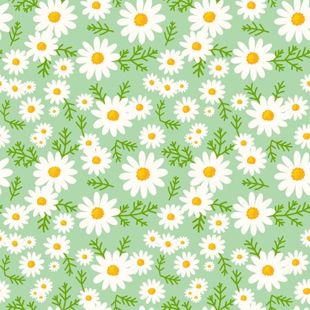 Daisy seamless pattern on fresh mint background. Floral ditsy print with small white flowers and leaves. Chamomile herbal design great for fashion fabric, kitchen textile and wallpaper.のイラスト素材