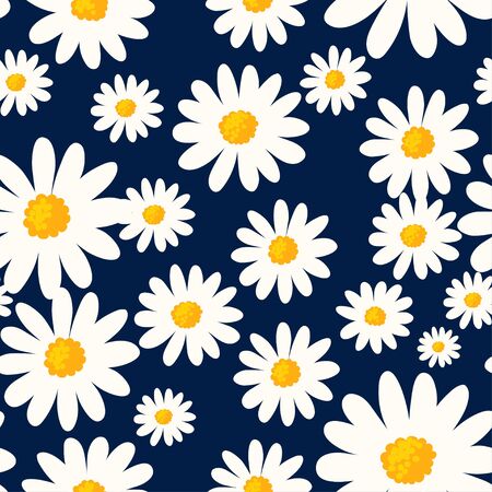 Daisy seamless pattern on dark blue background. Floral ditsy print with small white flowers. Chamomile design great for fashion fabric, trend textile and wallpaper.のイラスト素材