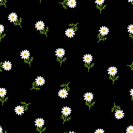 Daisy seamless pattern on black background. Floral ditsy print with small white flowers and leaves. Chamomile design great for fashion fabric, kitchen textile and wallpaper.のイラスト素材
