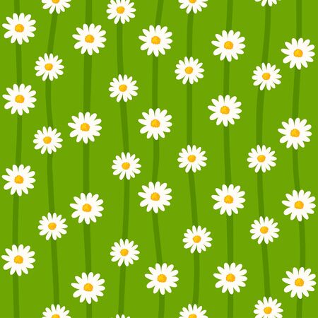 Daisy seamless pattern. Ditsy floral print with small flowers on striped green background. Simple cute design. Vectorのイラスト素材