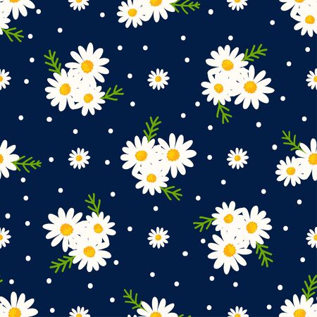 Daisy seamless pattern on dotted background. Floral ditsy print with small white flowers with green leaves. Chamomile design. Vectorのイラスト素材