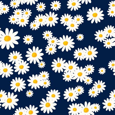 Daisy seamless pattern on dark blue background. Floral ditsy print with small white flowers. Chamomile design great for fashion fabric, trend textile and wallpaper.のイラスト素材