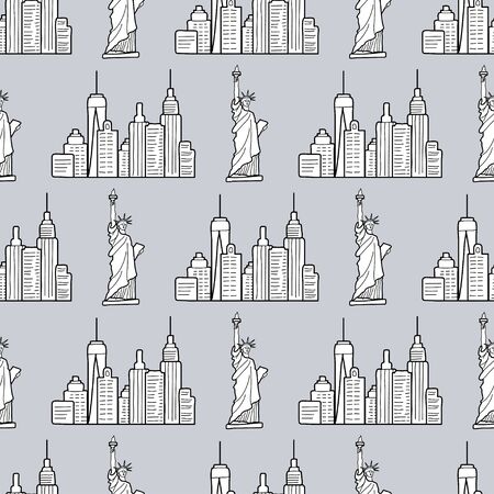 New york pattern with the USA symbols. The Statue of liberty and city buildings line drawing. Seamless background. Urban sketch. Vectorのイラスト素材