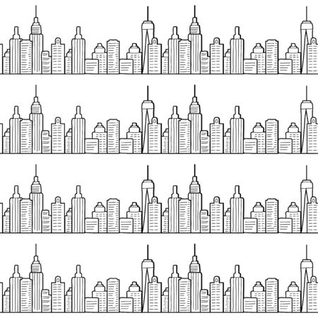 City seamless pattern with line drawing of high buildings or skyscrapers. Manhattan. New York. Black and white repeat background. Urban sketch. Vectorのイラスト素材