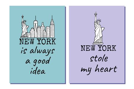 New york posters set with the Liberty Statue, city high buildings and text. Black and white line drawing. Great to use as a t-shirt print. Vector illustration.のイラスト素材