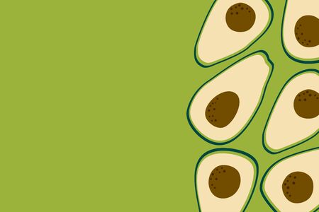 Avocado fruit background with cute ripe avocado drawing. Food template to place text for healthy food eating, quote or recipe. Bright horizontal banner. Flat lay of top view. Vectorのイラスト素材