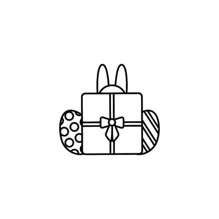 Easter bunny hinding behind a gift box with 2 decorated eggs. Thin line vector icon, linear graphic symbol isolated on white. Holidayのイラスト素材