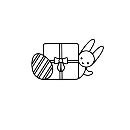 Easter bunny hinding behind a gift box with a decorated egg. Thin line vector icon, linear graphic symbol isolated on white. Holidayのイラスト素材
