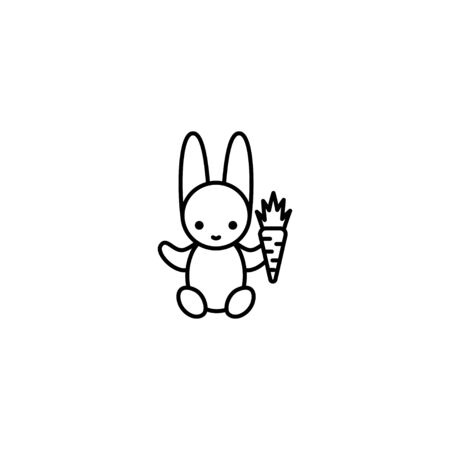 Cute bunny holding a carrot. Thin line vector icon, linear graphic symbol isolated on white. Holidayのイラスト素材