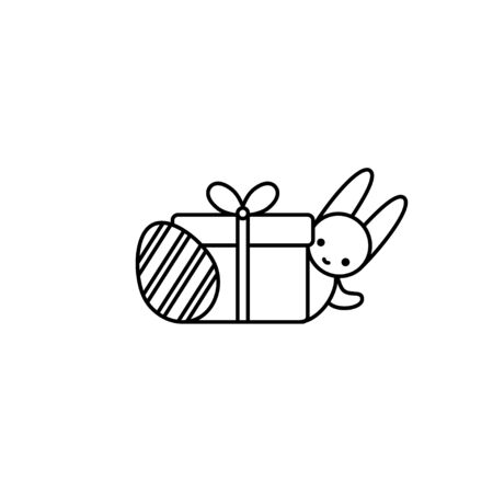 Easter bunny hinding behind a gift box with a decorated egg. Thin line vector icon, linear graphic symbol isolated on white. Holidayのイラスト素材