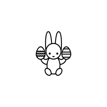 Easter bunny holding decorated eggs. Thin line vector icon, linear graphic symbol isolated on white.のイラスト素材