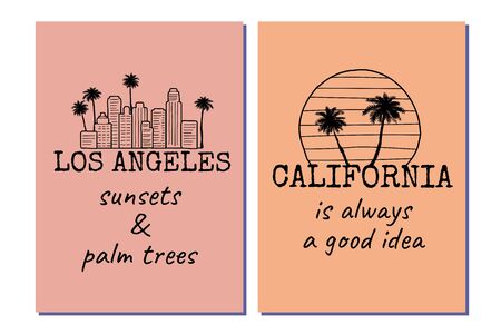Los Angeles California posters set with palm trees, skyline and text. Black and white line drawing. Great to use as a t-shirt print. Vector illustration.のイラスト素材