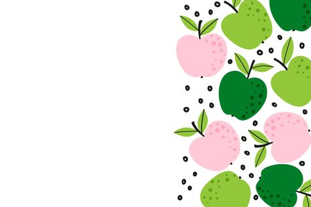 Fruit background with cute apple drawing. Summer color template to place text for healthyeating, quote or recipe. Bright horizontal banner. Flat lay of top view in cartoon style. Vector illustration.のイラスト素材