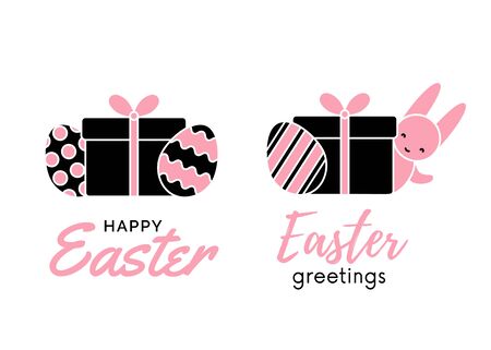 Easter holiday symbols made of gift box, egg and a cute funny bunny hiding and greeting.のイラスト素材