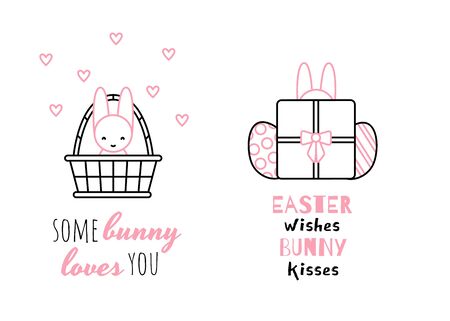 Happy Easter greeting card elements. Simple line drawing of cute funny bunnies sitting in a basket and hiding. Easter typography. Vector illustrationのイラスト素材