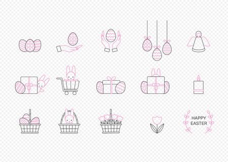 Easter icon set in black and pink color. Thin line drawing. Linear illustration isolated.のイラスト素材