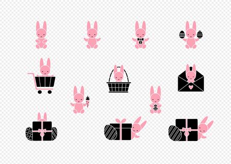 Funny baby bunny set as symbol for Easter. Collection of Easter pink rabbits hiding, greeting and sitting.のイラスト素材