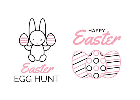 Happy Easter greeting card elements made of simple line drawing and Easter quotes. Cute funny bunny holding Easter eggs. Vector. Religious holiday.のイラスト素材