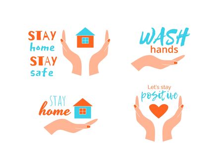 Stay home and safe quotes with icon of hands, house and heart.のイラスト素材