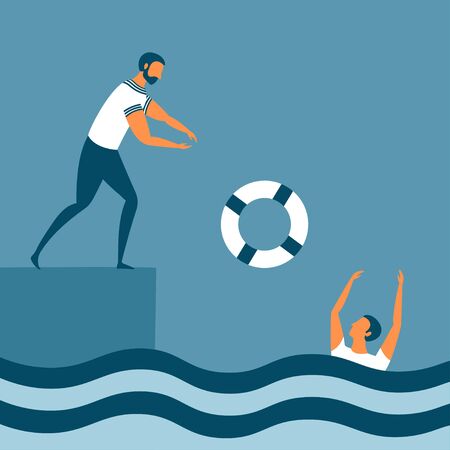 Help by drowning with a lifebuoy. One man is saving other sinking person. Business concept for insurance and financial crisis for corporate sector, teamwork or startup. Vector illustration.のイラスト素材