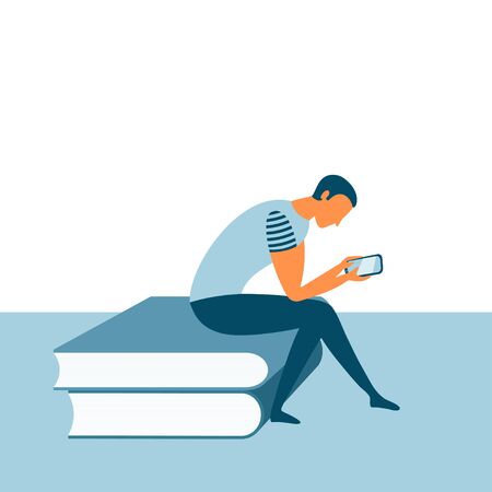 Person with smartphone sitting on the pile of books. Online reading or digital library concept. Education or skill development. Vector illustration.のイラスト素材
