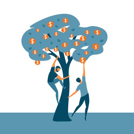 Money tree. Two people trying to get money. Investors collecting their dividends or bank deposit. Business concept for investment return, financial growth, economic success and investment.のイラスト素材