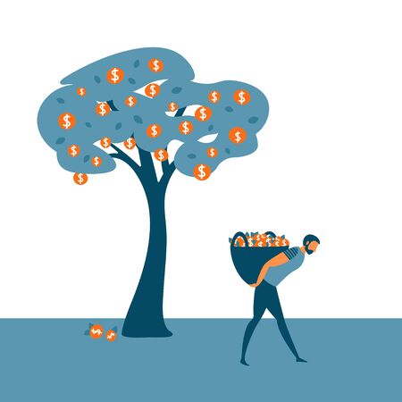 Investor collecting his dividends or bank deposit. Business concept for investment return, financial growth, economic success and investment. Vector illustration.のイラスト素材