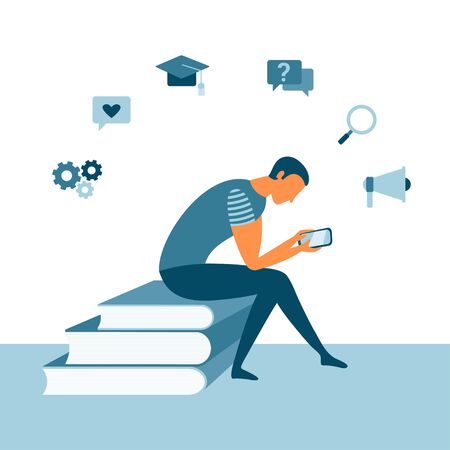 Online reading with a man sitting on books and using a smartphone. Mobile app concept for learning or reading. Education concept. Vector student designのイラスト素材
