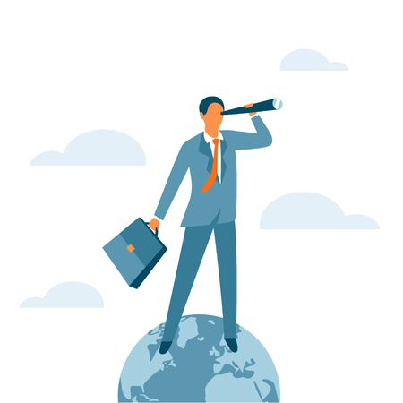 Businessman standing on the top of the world and looking for new opportunities. Success, global leadership or the winner business concept. Global market control. Vector illustration.のイラスト素材
