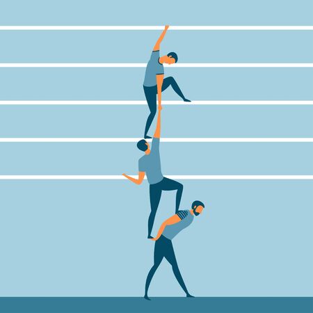 Support, friendship and teamwork concept. Three people helping each other or career or life ladder. Vector illustration.のイラスト素材