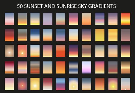 Sunset and sunrise gradient bundle. Sky backgrounds for nature landscapes. Vector poster or minimal card templates set. Great for web design or as phone wallpapers. Illustration.のイラスト素材