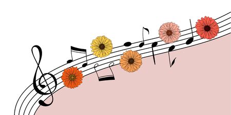 Music and flowers invitation background. Creative template with a clef, hand drawn music notes and flowers. Great to place text for an open air concert in a garden or park. Vectorのイラスト素材