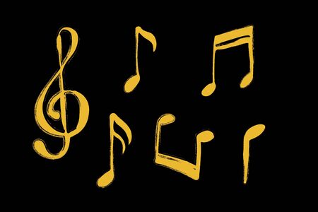 Music note icons hand drawn by brush. Music symbols set. Grungy texture drawing. Vector illustrationのイラスト素材