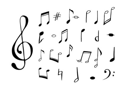 Music notes and signs set. Treble and bass clef. Cartoon flat design. Hand drawn music symbols collection.のイラスト素材
