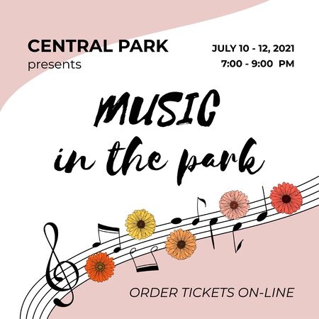 Invitation template. Open air summer concert banner with hand drawn music notes and daisy flowers.のイラスト素材