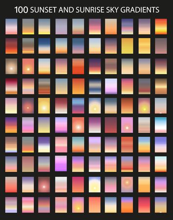 Sunset and sunrise gradient bundle. Sky backgrounds for nature landscapes. Vector poster or minimal card templates set.のイラスト素材